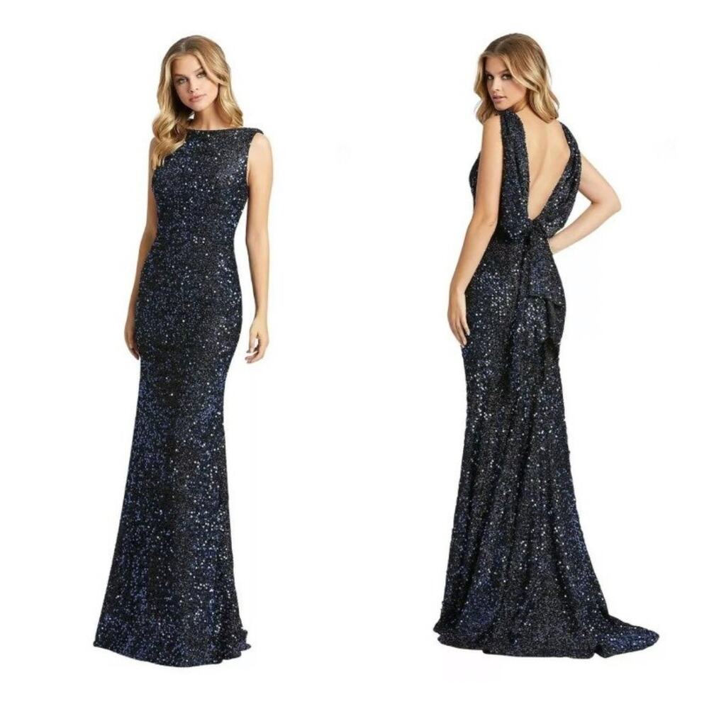 Ieena Mac Duggal Cowl Back Boat Neck Sequined Evening Gown NWT
